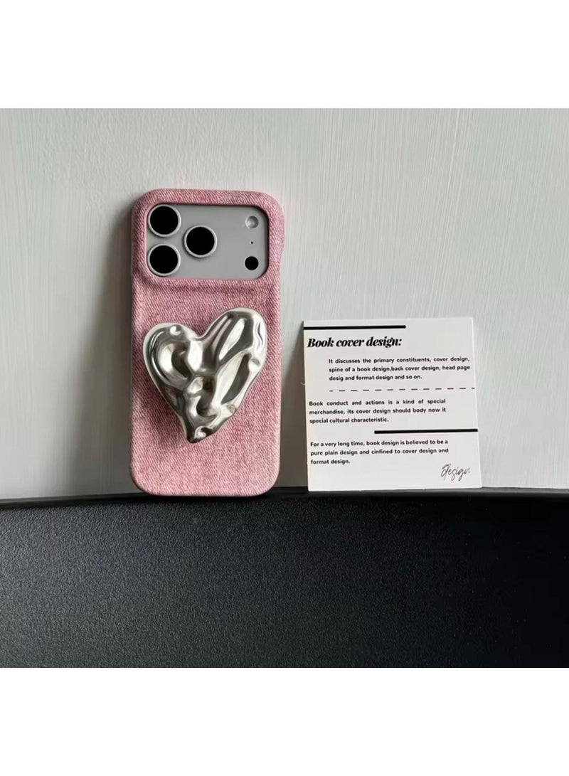 Multi Impex iPhone 17 Pro Max Advanced Pink Cowboy Pattern Wrinkled Silver Love Heart With Holder Shock Proof Phone Case - Image 2